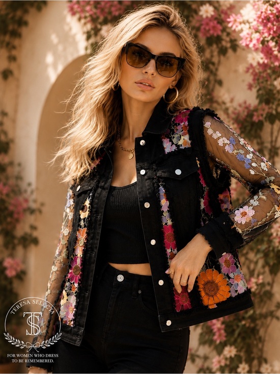 Adore Jackets & Blazers - NWT Adore Large Black Floral Mesh Sleeve Denim Jacket Statement Piece NWT